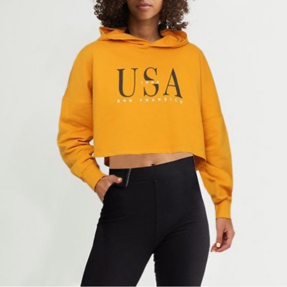 NWOT H&M Women’s Yellow Orange USA San Francisco Cropped Hoodie Size Small - Picture 2 of 10